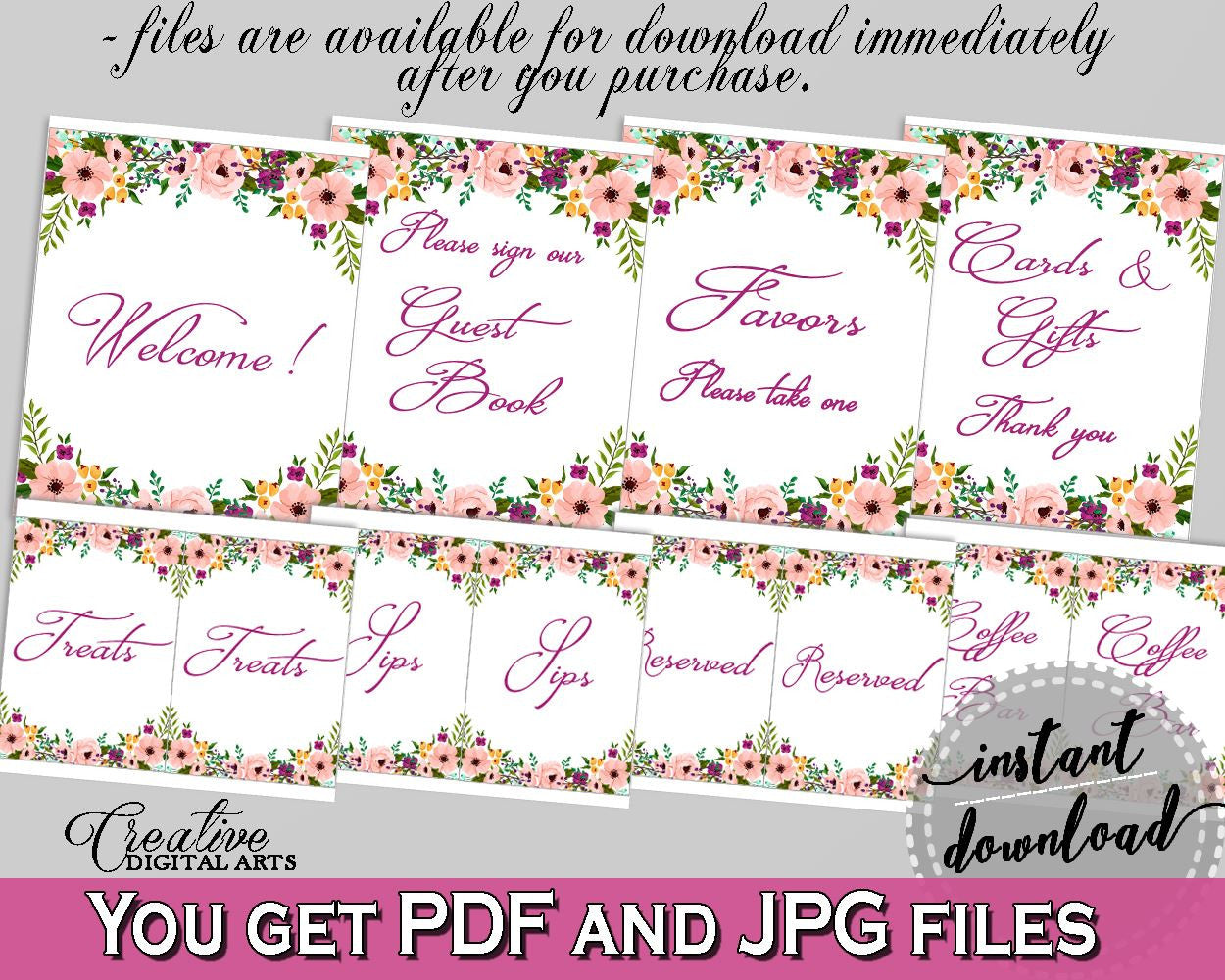 White And Pink Watercolor Flowers Bridal Shower Theme: Table Signs Bundle - bridal wall signs, pink flowers shower, printable files - 9GOY4 - Digital Product