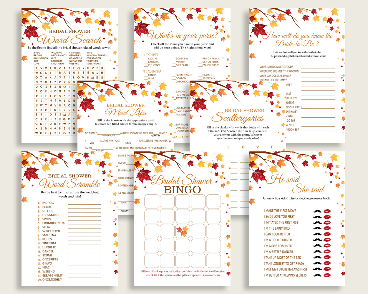 Games Bridal Shower Games Fall Bridal Shower Games Bridal Shower Autumn Games Brown Yellow digital print printables pdf jpg YCZ2S