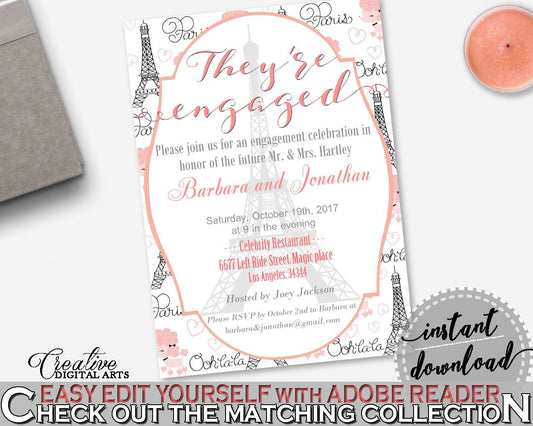 Paris Bridal Shower Engaged Invitation Editable in Pink And Gray, they're engaged, grey eiffel tower, party planning, party stuff - NJAL9 - Digital Product