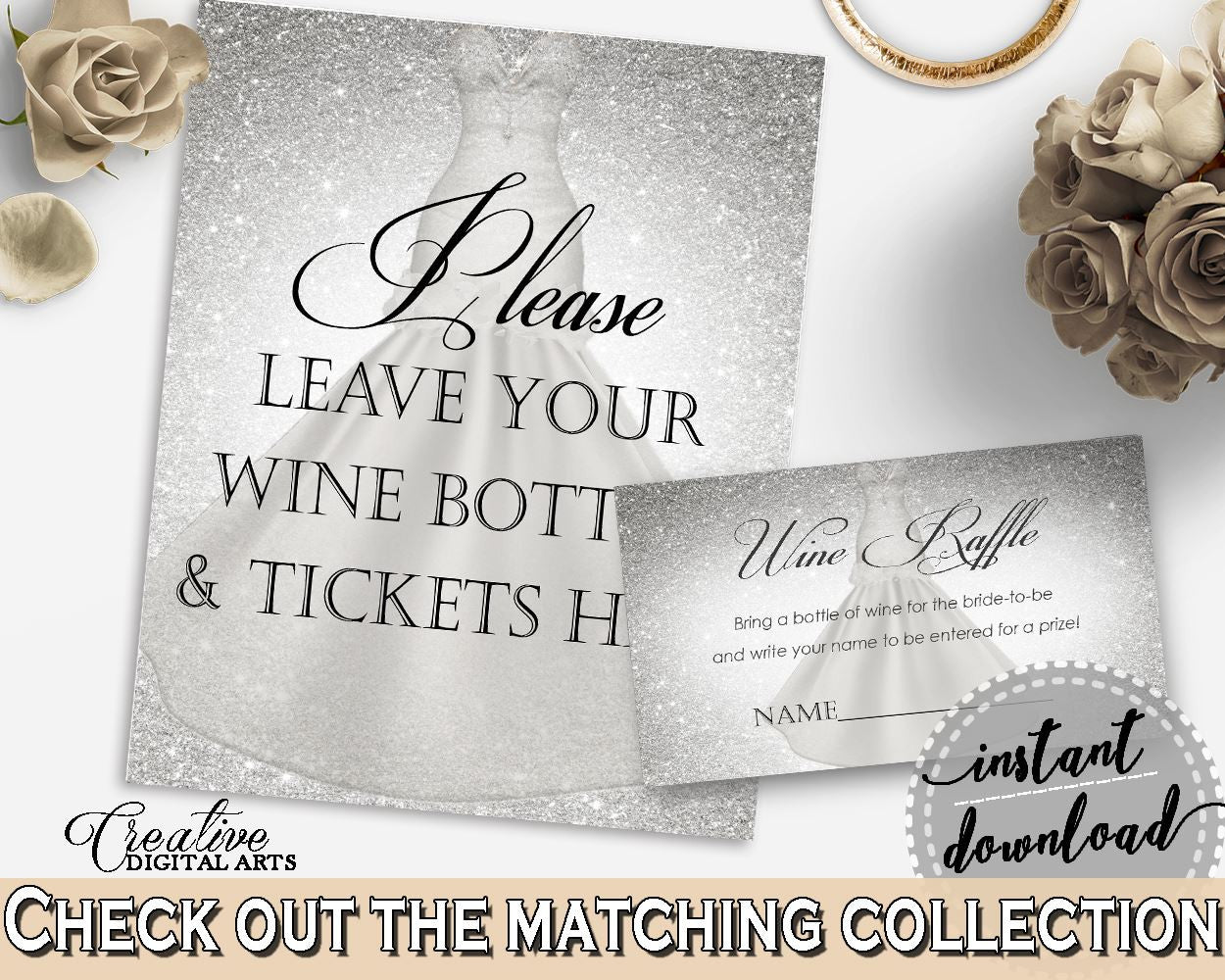 Silver And White Silver Wedding Dress Bridal Shower Theme: Wine Raffle - wine party, stylish bridal theme, party theme, party decor - C0CS5 - Digital Product