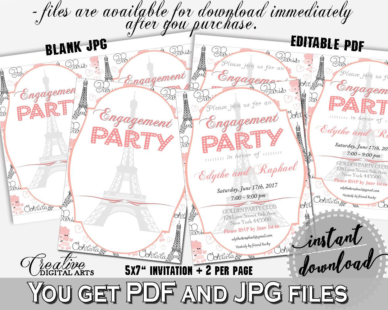 Engagement Party Invitation Editable in Paris Bridal Shower Pink And Gray Theme, we're engaged, parish bridal shower, party plan - NJAL9 - Digital Product