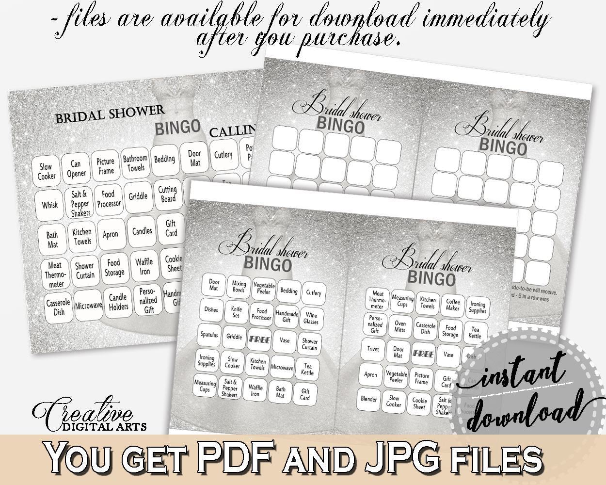 Silver Wedding Dress Bridal Shower Bingo 60 Cards in Silver And White, play, pretty bride theme, printable files, shower celebration - C0CS5 - Digital Product