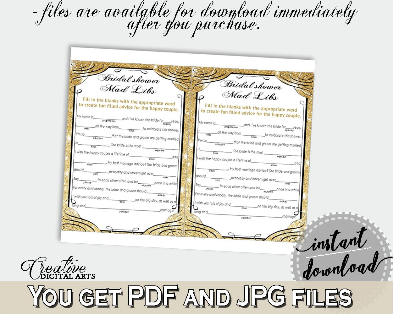 Gold And Yellow Glittering Gold Bridal Shower Theme: Mad Libs Game - interactive activity, glow bridal shower, bridal shower idea - JTD7P - Digital Product