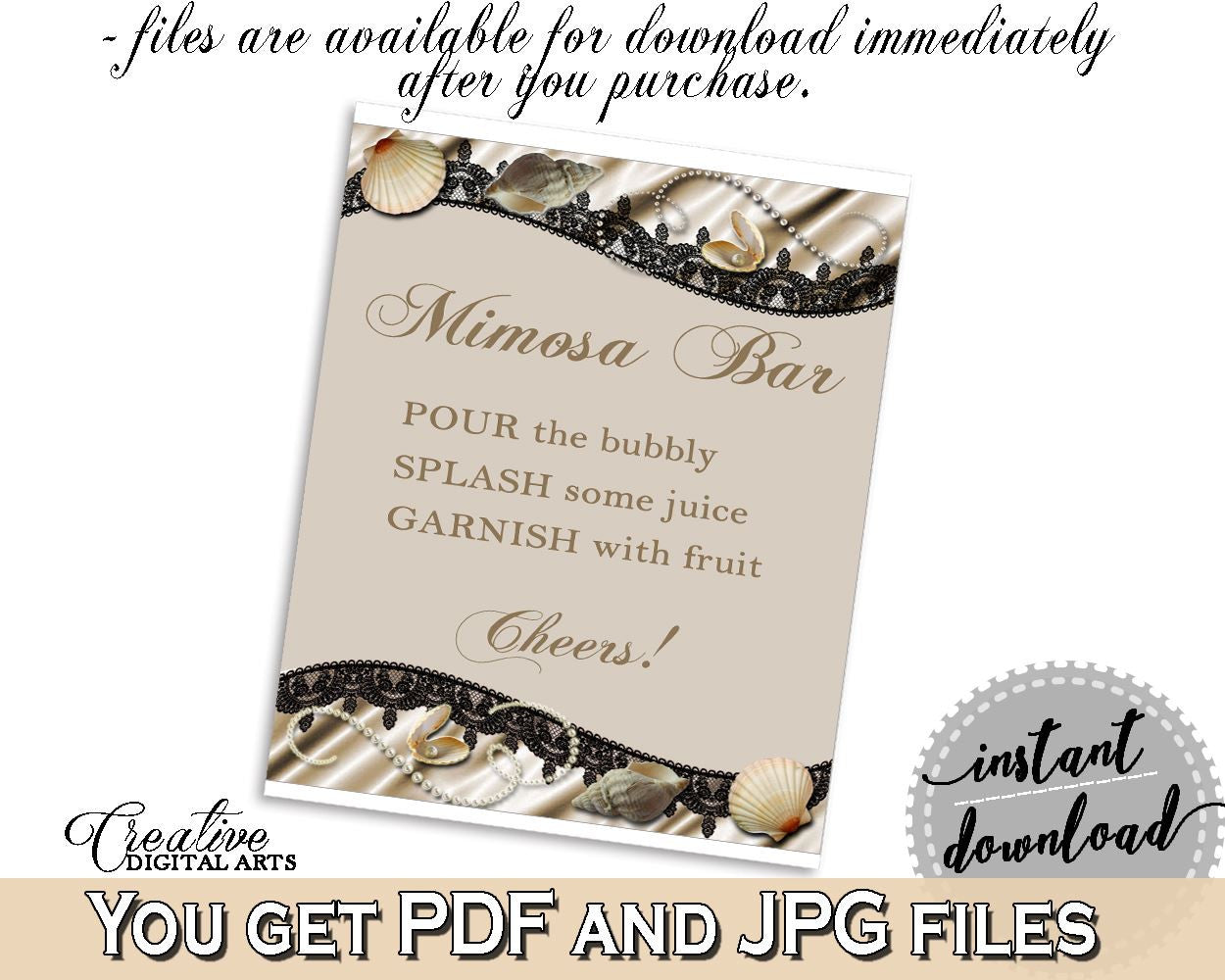 Brown And Beige Seashells And Pearls Bridal Shower Theme: Mimosa Bar Sign - garnish, necklace bridal, customizable files, prints - 65924 - Digital Product