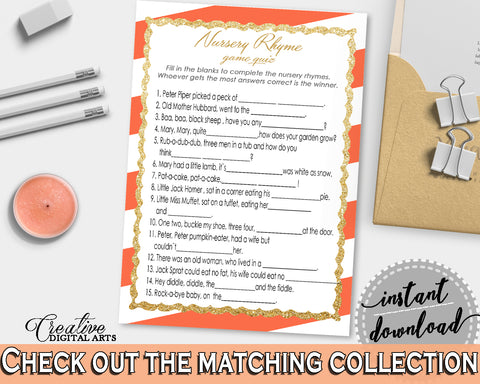 Baby Shower NURSERY RHYME QUIZ game with orange white stripe theme printable, glitter gold, digital files, instant download - bs003