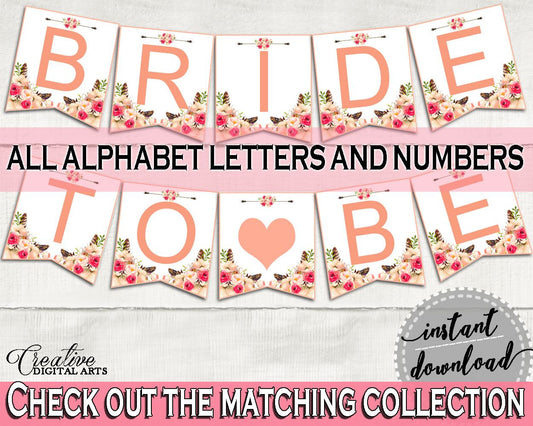 Banner in Bohemian Flowers Bridal Shower Pink And Red Theme, all letters alphabet, stylish bridal, party planning, party stuff - 06D7T - Digital Product