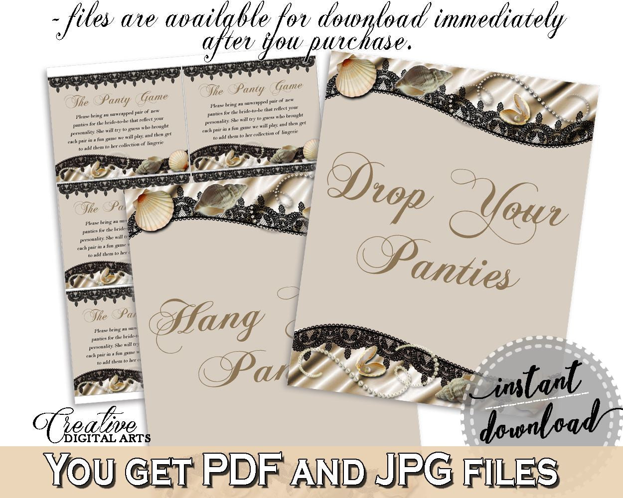 Drop Your Panties in Seashells And Pearls Bridal Shower Brown And Beige Theme, sign and cards, seashells shower, printable files - 65924 - Digital Product