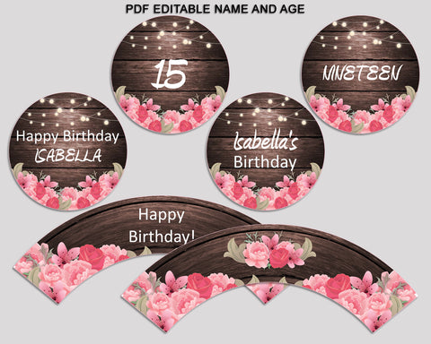 Printable Rustic Cupcake Wrapper Rustic Birthday Toppers Pink Brown Birthday Pics Girl OE0W8