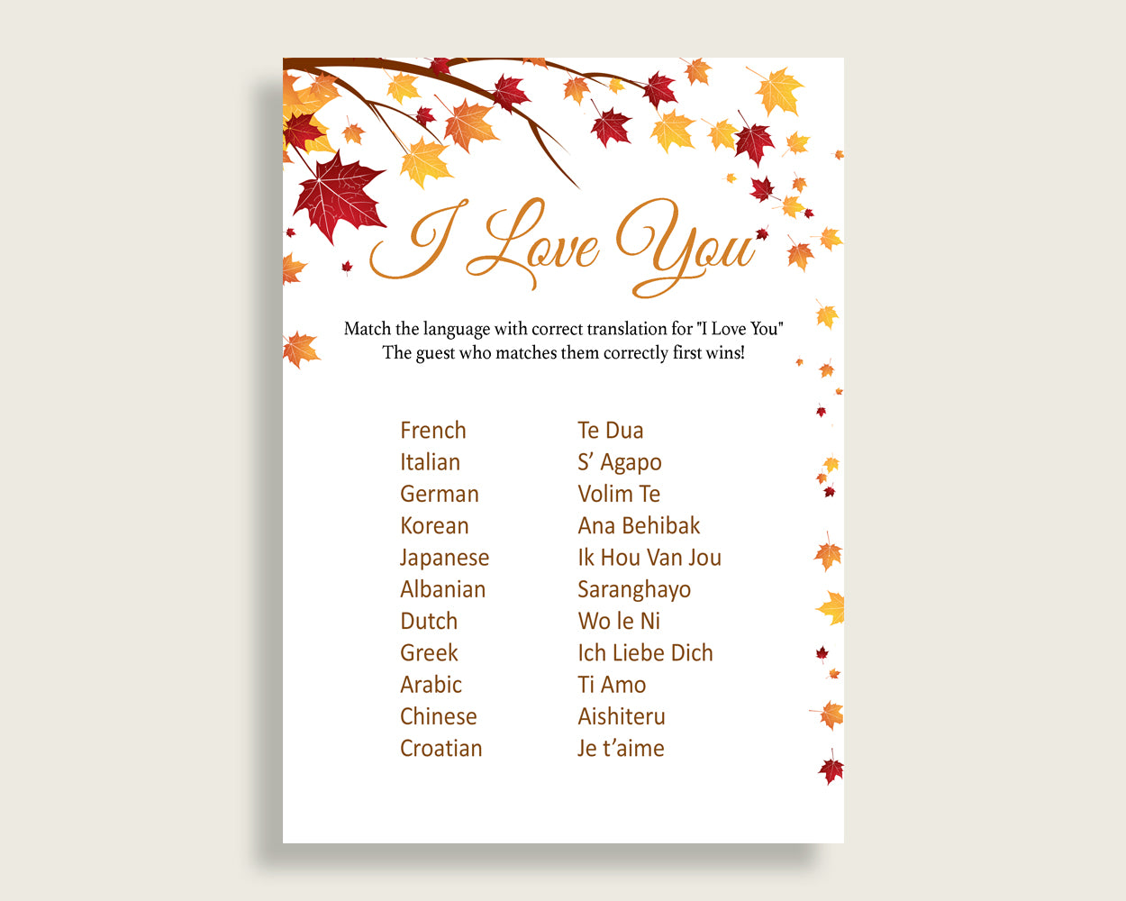 I Love You Game Bridal Shower I Love You Game Fall Bridal Shower I Love You Game Bridal Shower Autumn I Love You Game Brown Yellow YCZ2S