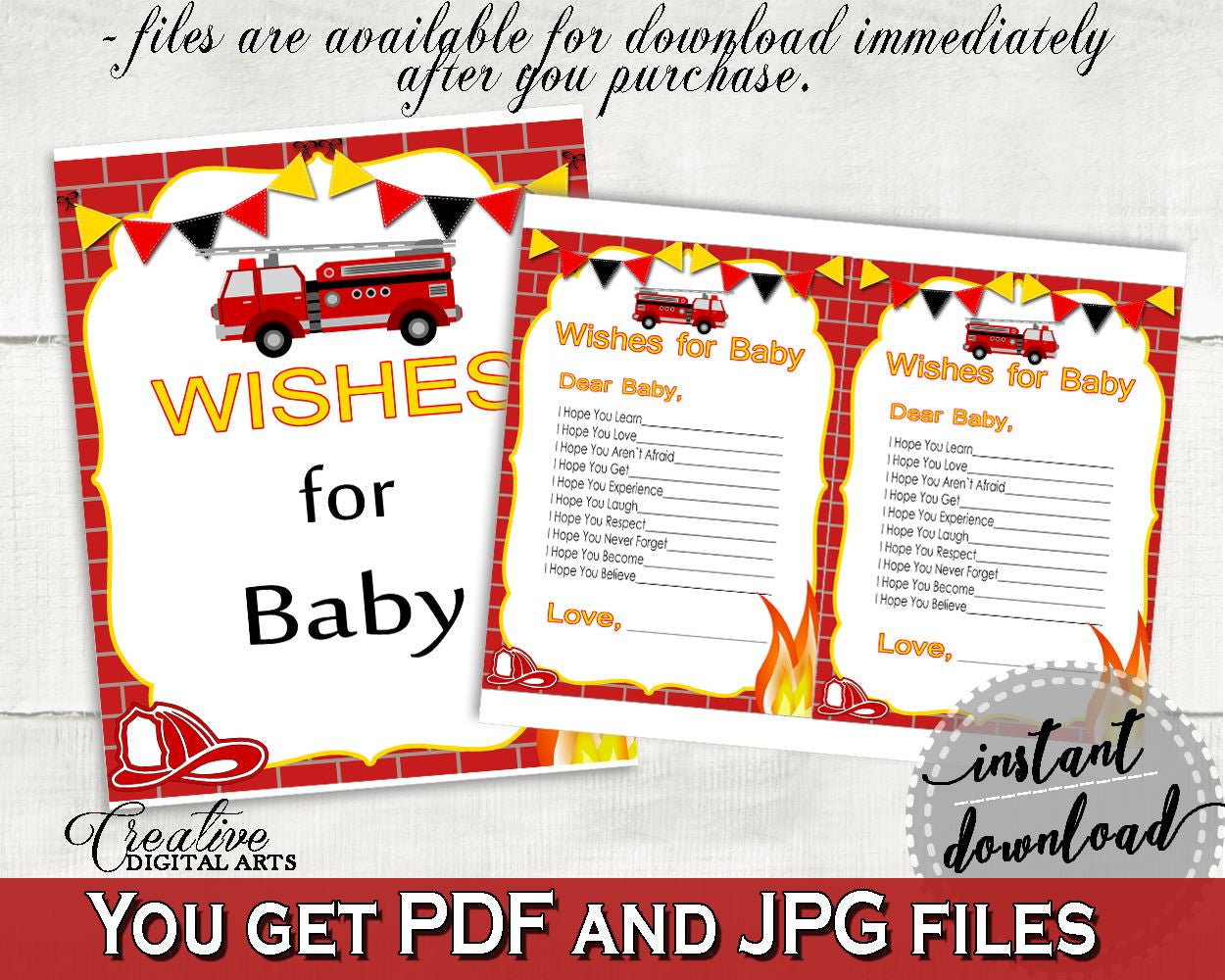 Wishes Baby Shower Wishes Fireman Baby Shower Wishes Red Yellow Baby Shower Fireman Wishes digital print, prints, party supplies - LUWX6 - Digital Product