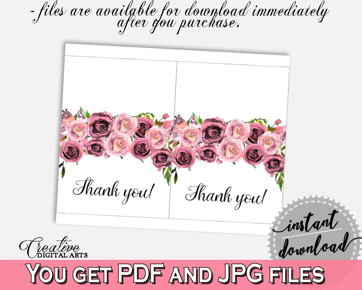 Thank You Card Bridal Shower Thank You Card Floral Bridal Shower Thank You Card Bridal Shower Floral Thank You Card Pink Purple - BQ24C - Digital Product