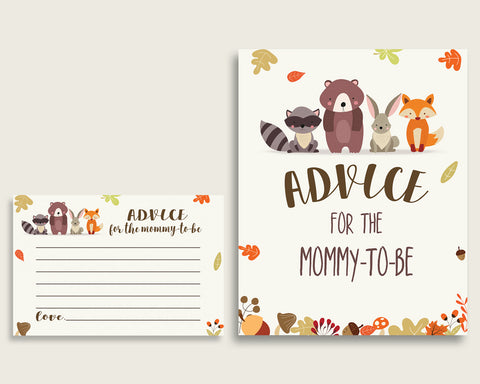 Woodland Advice For Mommy To Be Cards & Sign, Printable Baby Shower Brown Beige Advice For New Parents, Instant Download, Popular w0001