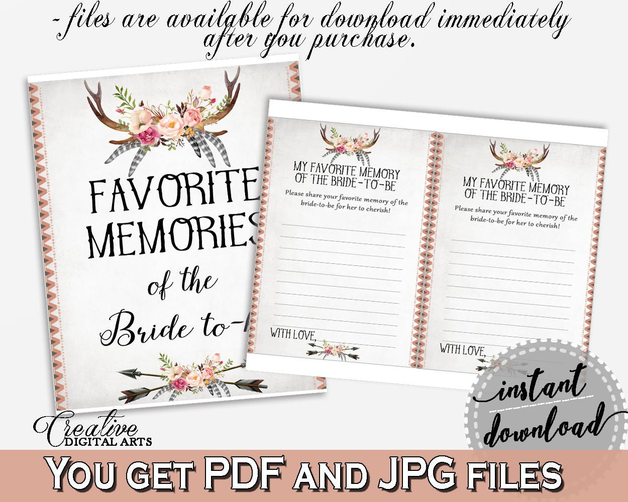 Favorite Memories Of The Bride To Be in Antlers Flowers Bohemian Bridal Shower Gray and Pink Theme, remember game, party plan - MVR4R - Digital Product