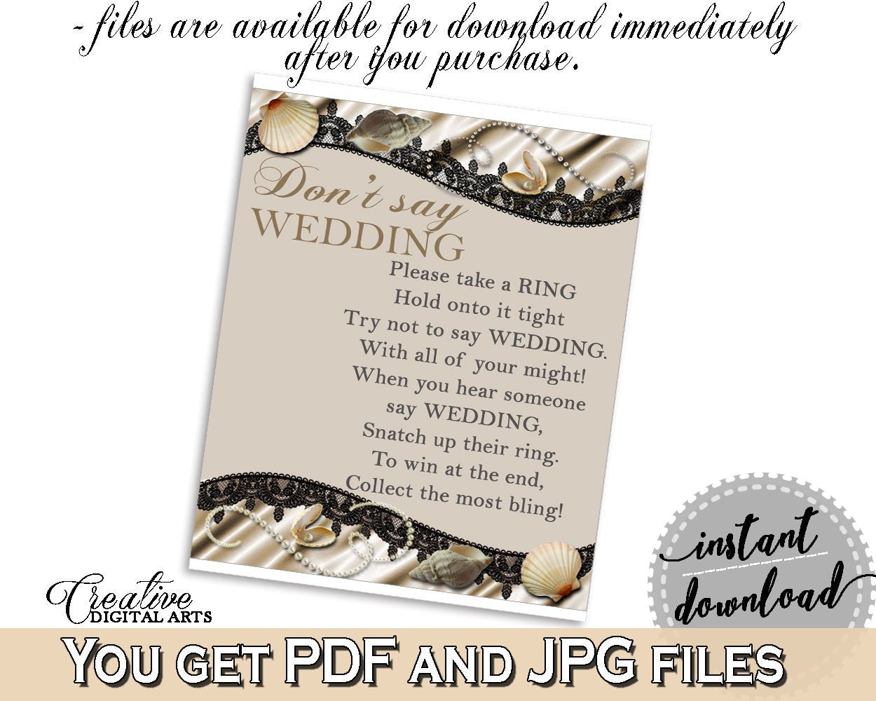 Seashells And Pearls Bridal Shower Don't Say Wedding Game in Brown And Beige, ring game, satin sheets bridal, party planning, prints - 65924 - Digital Product