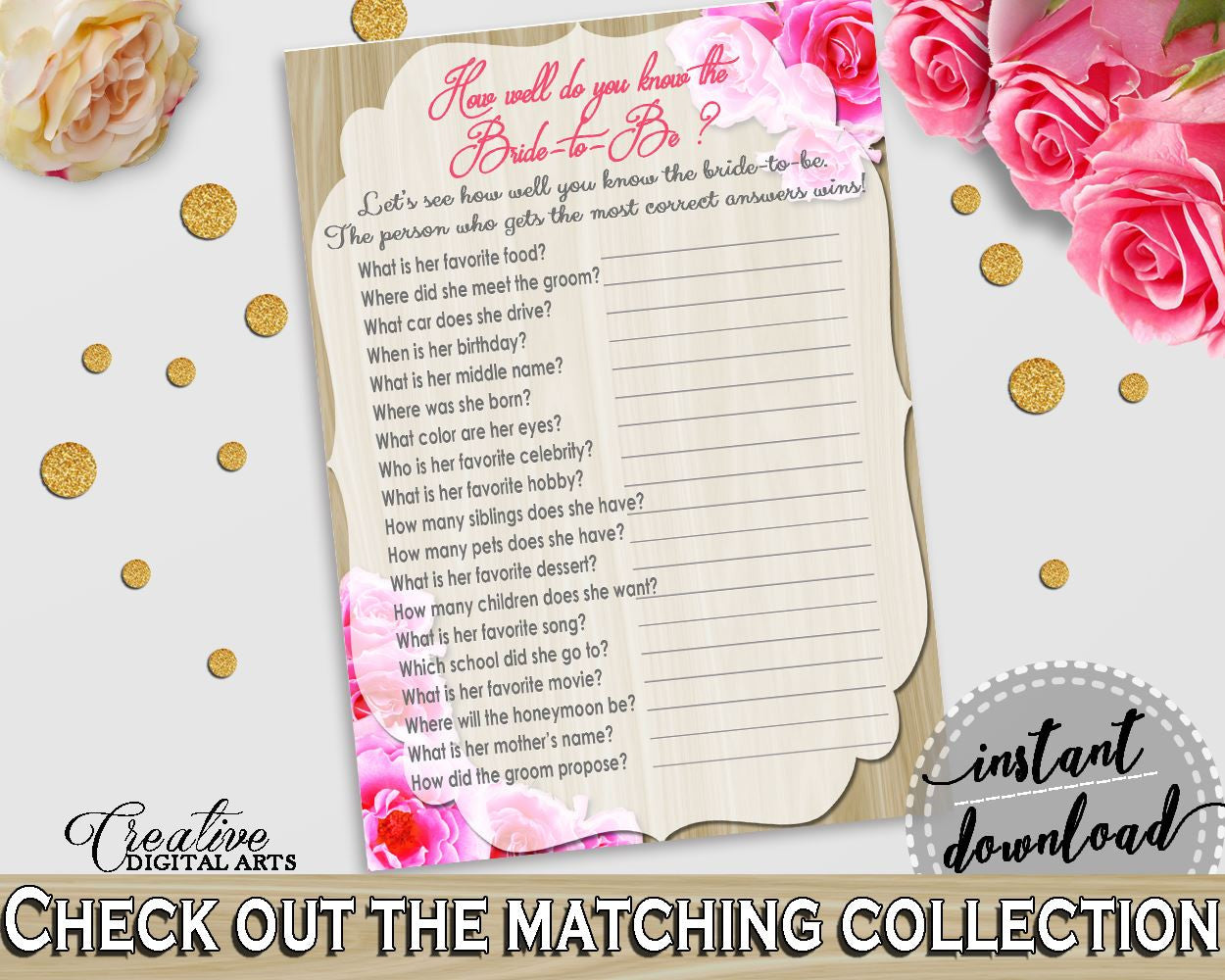 Roses On Wood Bridal Shower How Well Do You Know The Bride To Be in Pink And Beige, knowing the bride, plank shower, party planning - B9MAI - Digital Product