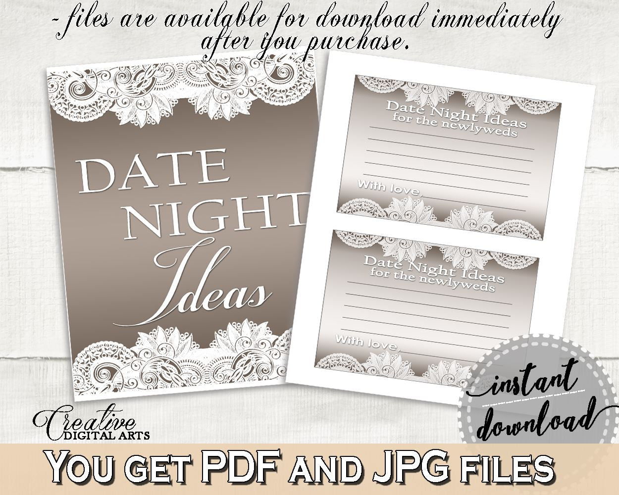 Brown And Silver Traditional Lace Bridal Shower Theme: Date Night Ideas - date idea notecards, rustic bridal, party ideas, prints - Z2DRE - Digital Product