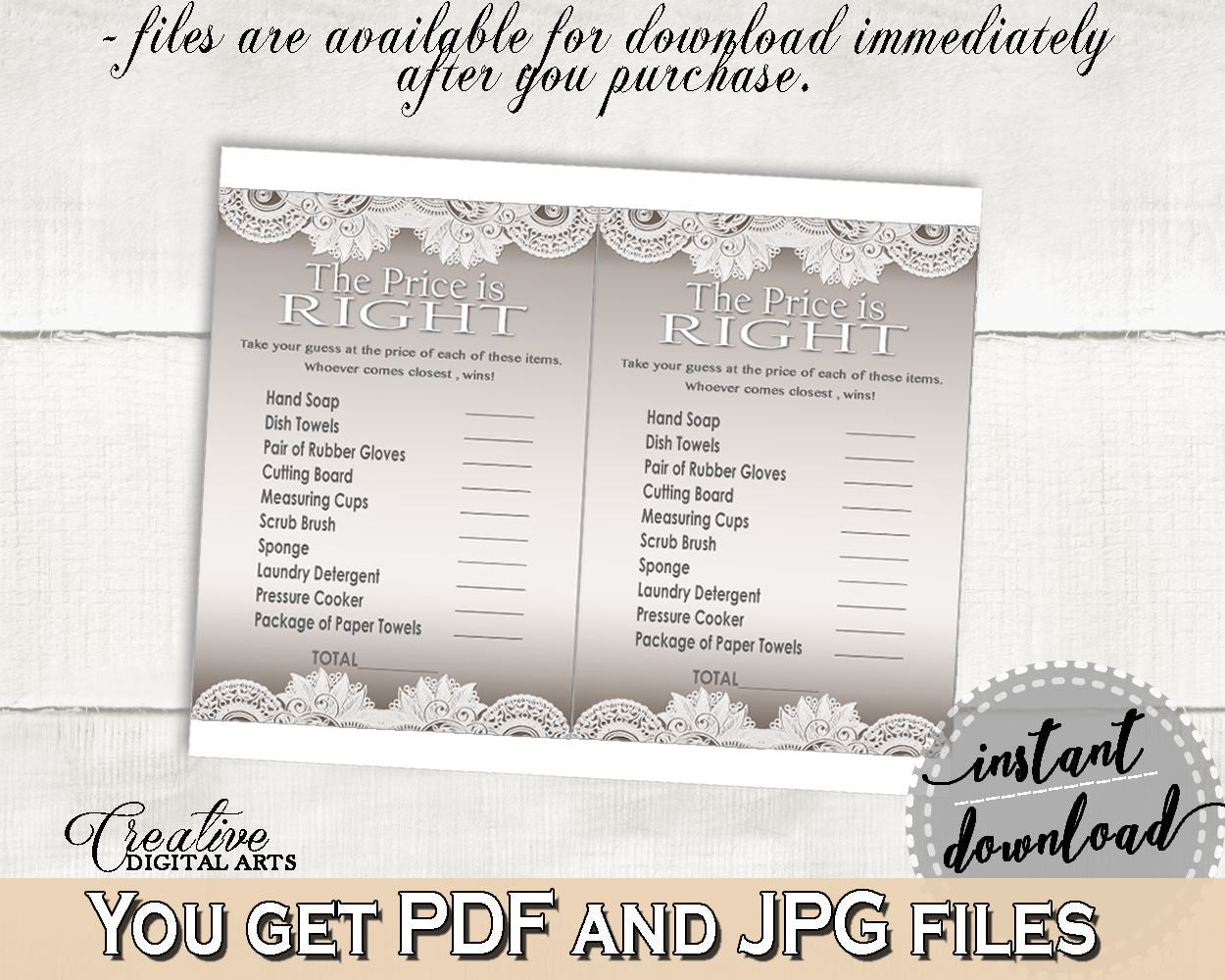 Traditional Lace Bridal Shower The Price Is Right Game in Brown And Silver, price game, elegant bridal, customizable files, prints - Z2DRE - Digital Product