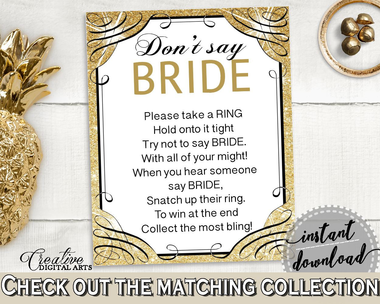 Glittering Gold Bridal Shower Don't Say Bride in Gold And Yellow, lingerie game, black gold, paper supplies, shower activity, prints - JTD7P - Digital Product