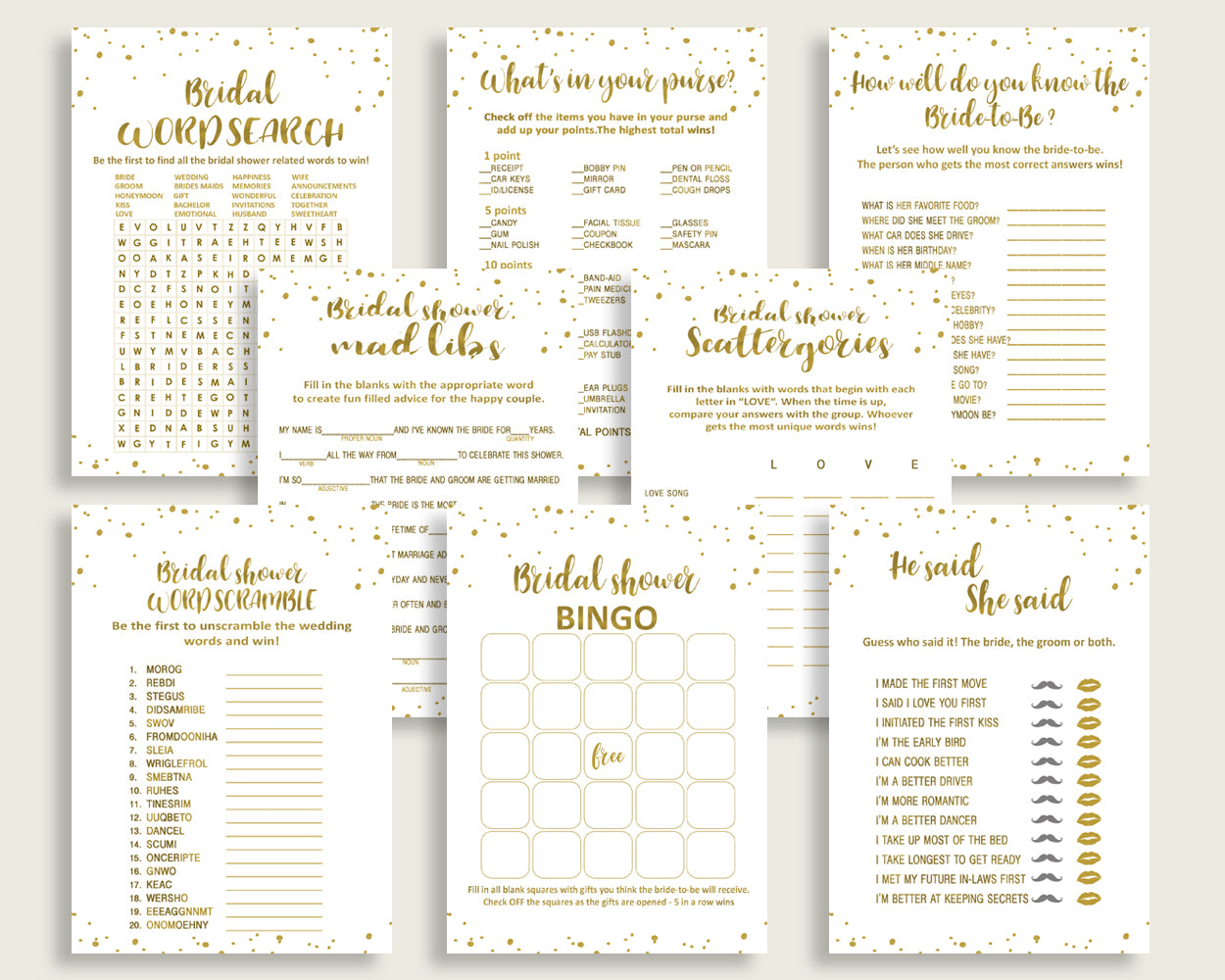 Games Bridal Shower Games Gold Bridal Shower Games Bridal Shower Gold Games Gold White party organizing party organising prints G2ZNX