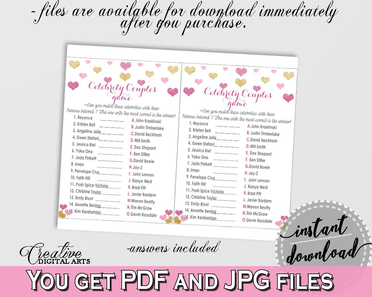 Glitter Hearts Bridal Shower Celebrity Couples Game in Gold And Pink, couples shower,  valentine shower, printable files, prints - WEE0X - Digital Product