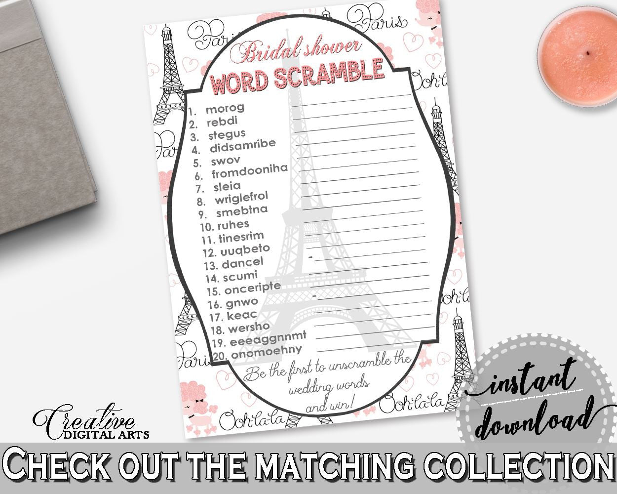 Paris Bridal Shower Word Scramble in Pink And Gray, unscramble, parish bridal shower, party organizing, party organization, prints - NJAL9 - Digital Product