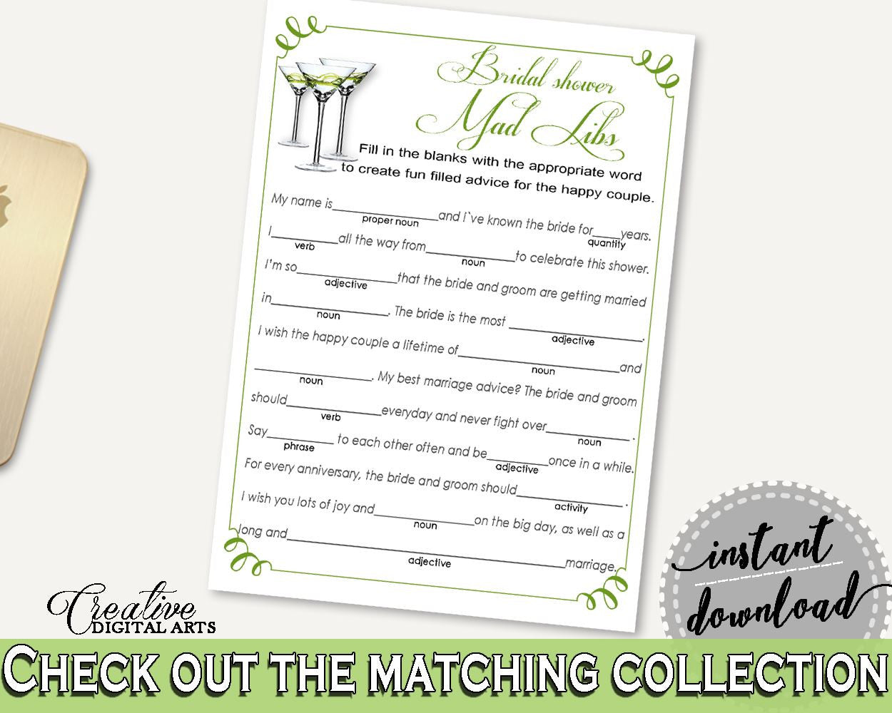 Mad Libs Bridal Shower Mad Libs Modern Martini Bridal Shower Mad Libs Bridal Shower Modern Martini Mad Libs Green White party decor ARTAN - Digital Product