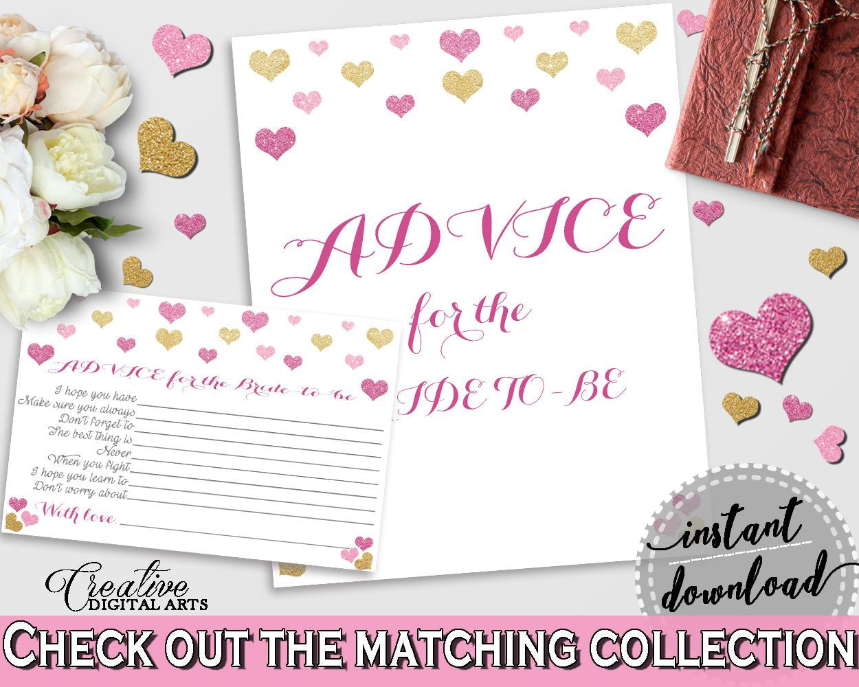 Advice For The Bride To Be in Glitter Hearts Bridal Shower Gold And Pink Theme, advice cards,  lovely bridal shower, party plan - WEE0X - Digital Product