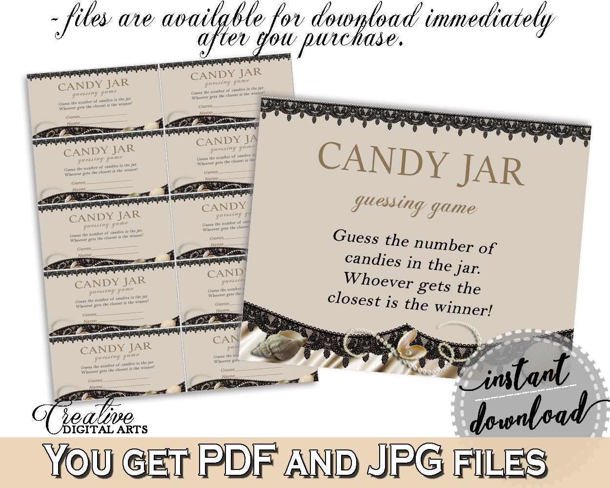 Candy Guessing Game in Seashells And Pearls Bridal Shower Brown And Beige Theme, guessing games, bridal shower pearls, printables - 65924 - Digital Product