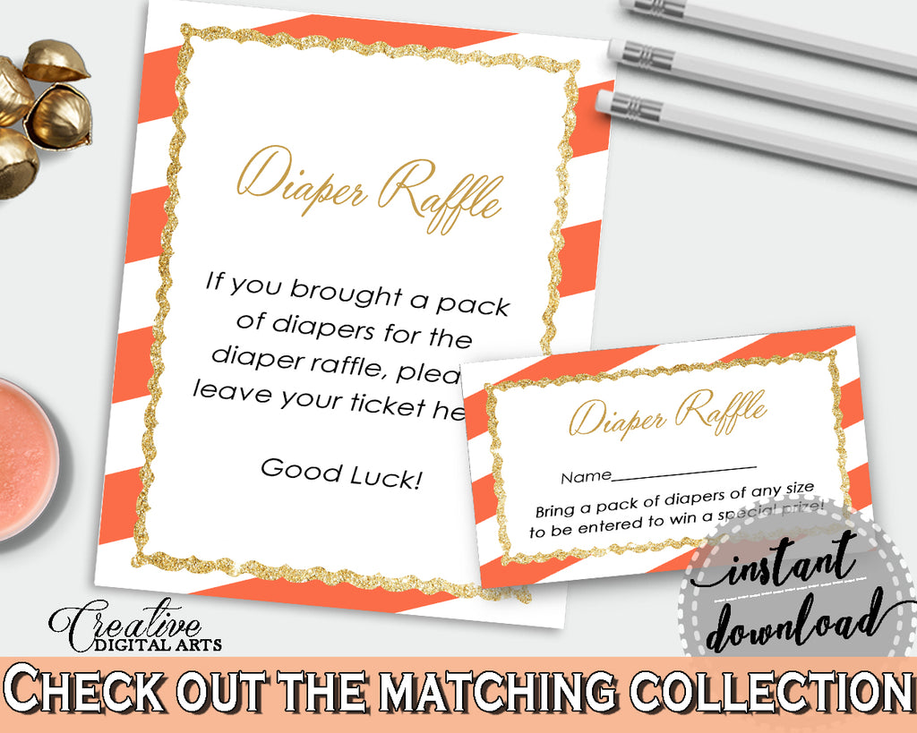 Orange Baby shower DIAPER RAFFLE inserts printable with glitter gold and orange stripes theme, digital Jpg Pdf, instant download - bs003