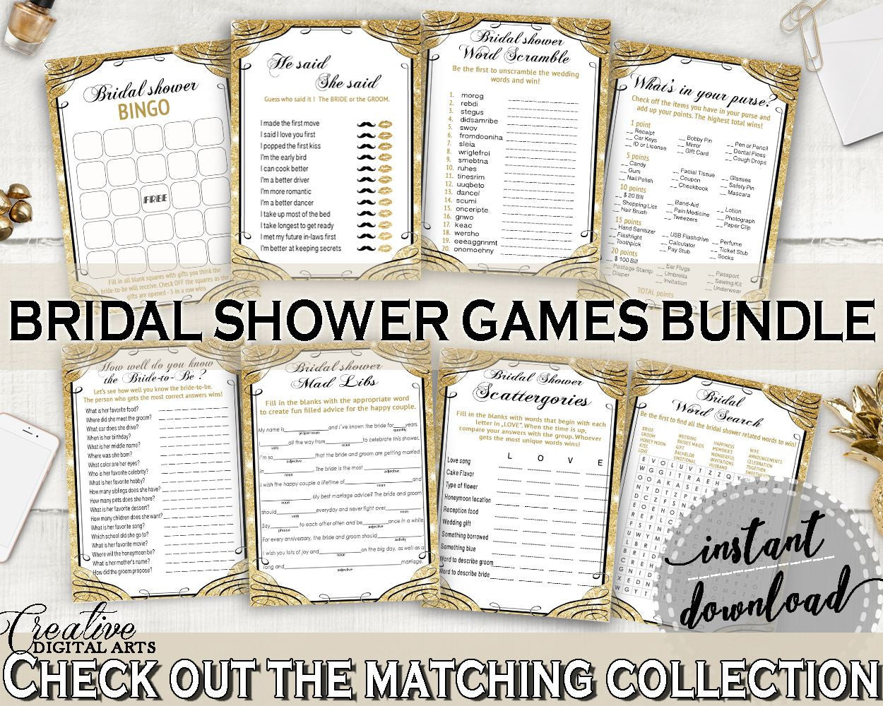 Games Bundle in Glittering Gold Bridal Shower Gold And Yellow Theme, he said she said, aureate shower, party decorations, party plan - JTD7P - Digital Product