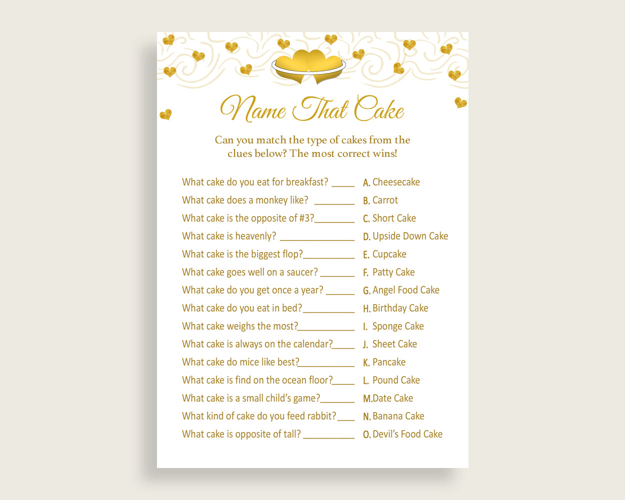 Name That Cake Bridal Shower Name That Cake Gold Hearts Bridal Shower Name That Cake Bridal Shower Gold Hearts Name That Cake White 6GQOT