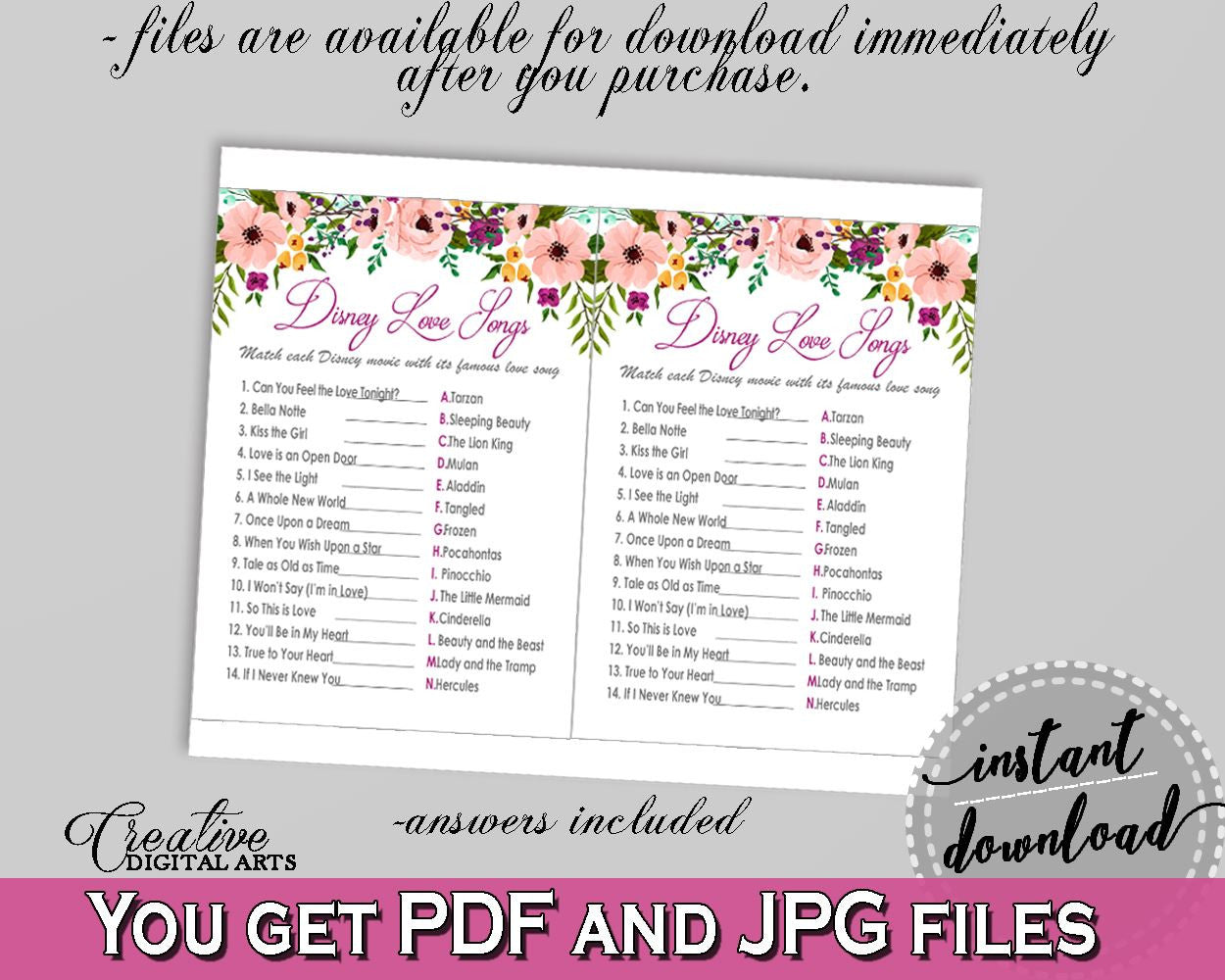 Disney Love Songs Game in Watercolor Flowers Bridal Shower White And Pink Theme, disney couple game, flowers theme, party plan - 9GOY4 - Digital Product