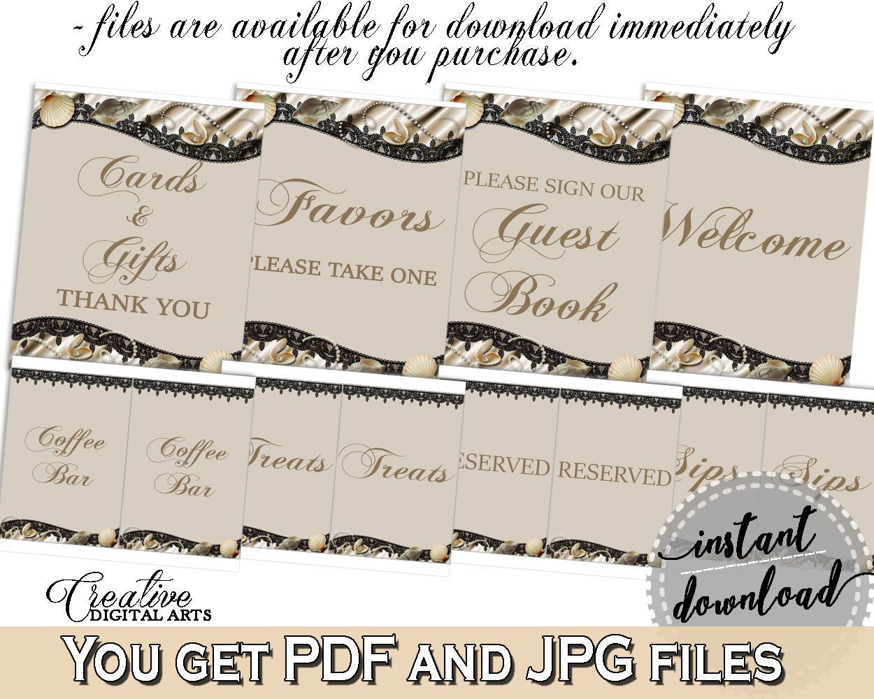 Table Signs Bundle in Seashells And Pearls Bridal Shower Brown And Beige Theme, cards and gifts, bridal shower satin, pdf jpg - 65924 - Digital Product