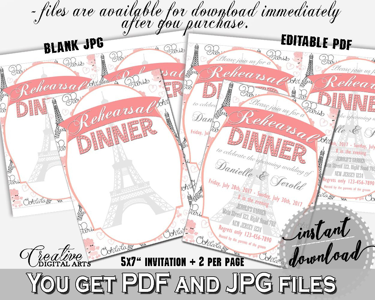 Pink And Gray Paris Bridal Shower Theme: Rehearsal Dinner Invitation Editable - bridal rehearsal, eiffel tower bridal, party decor - NJAL9 - Digital Product