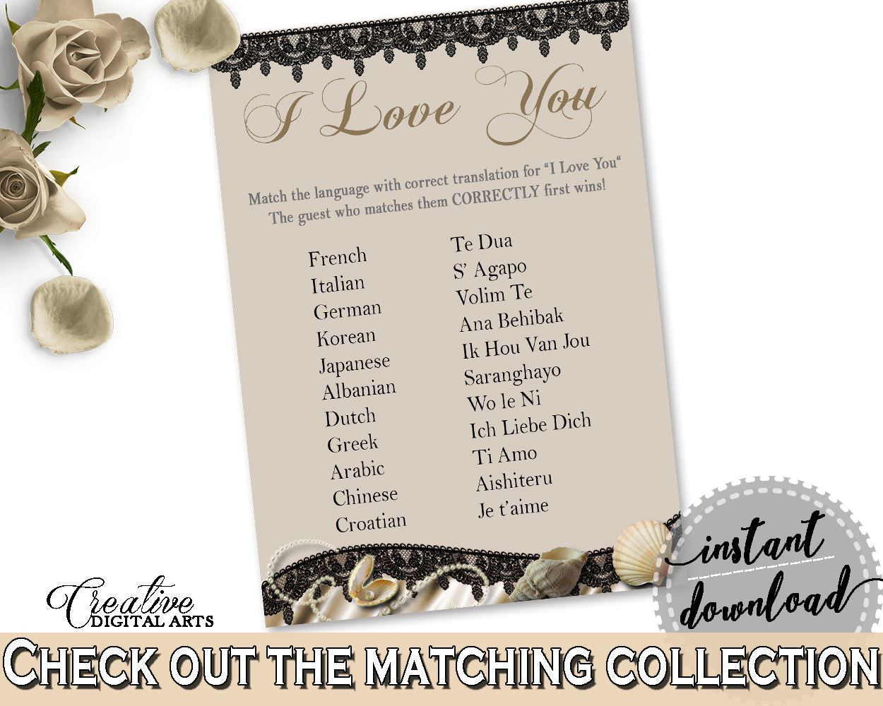 Brown And Beige Seashells And Pearls Bridal Shower Theme: I Love You Game - multilanguage game, bridal shower style, party plan - 65924 - Digital Product