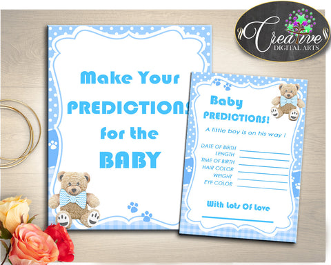 Teddy Bear PREDICTIONS FOR BABY sign and card activity, printable teddy bear blue baby shower boy, digital Jpg Pdf, instant download - tb001