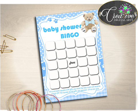 Teddy Bear Baby Shower BINGO game printable, blue baby shower bingo gift game cards, digital files Jpg Pdf, instant download - tb001