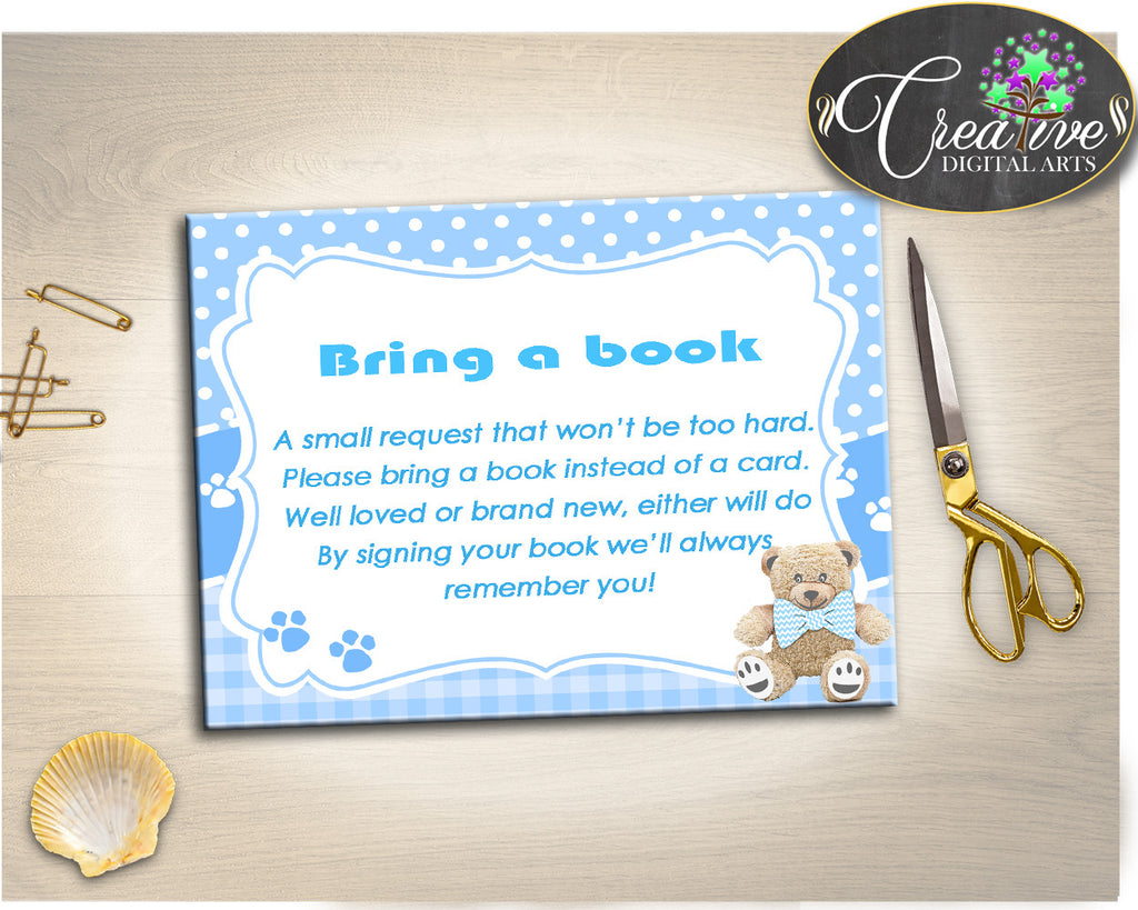 Teddy Bear Baby Shower Boy BRING A BOOK insert cards printable, boy baby shower blue, digital, jpg pdf, instant download - tb001