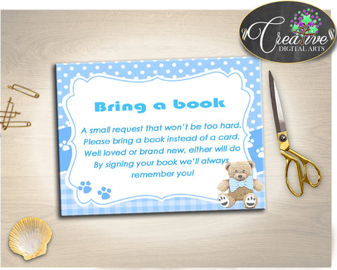 Teddy Bear Baby Shower Boy BRING A BOOK insert cards printable, boy baby shower blue, digital, jpg pdf, instant download - tb001