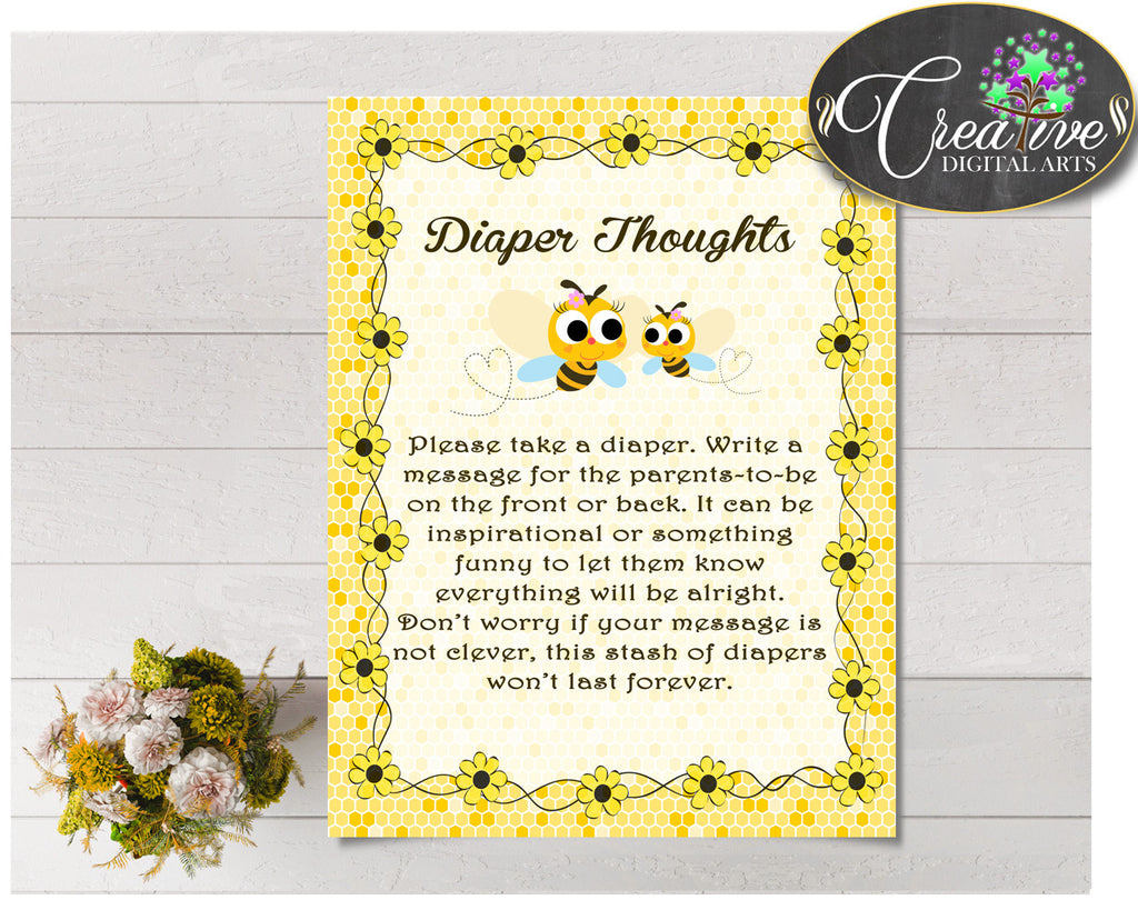 Baby shower DIAPER THOUGHTS game with honey yellow bee printable, digital file jpg pdf, instant download - bee01