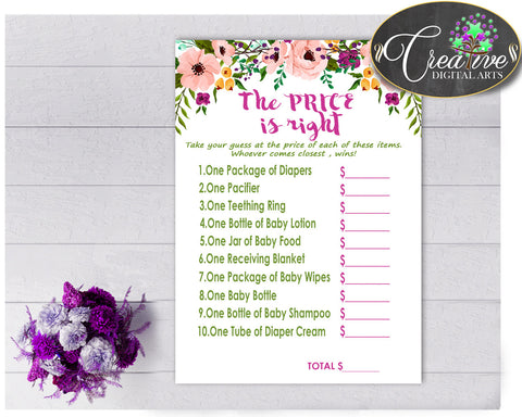 Baby Shower girl watercolor flowers The PRICE IS RIGHT game in floral pink theme printable, digital files Jpg Pdf, instant download - flp01