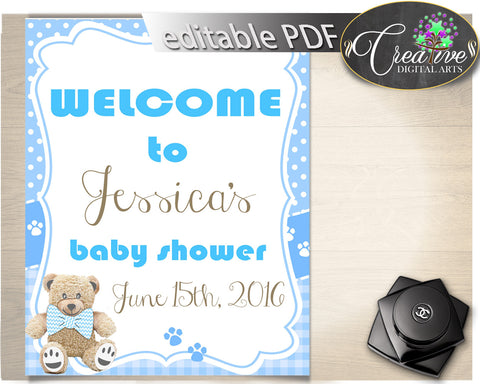 Baby Shower WELCOME sign editable printable, teddy bear Welcome sign, blue baby shower welcome, digital pdf, instant download - tb001