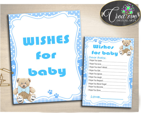 Teddy Bear WISHES FOR BABY activity advice for baby shower boy printable, blue baby shower wishes, Digital Jpg Pdf, instant download - tb001