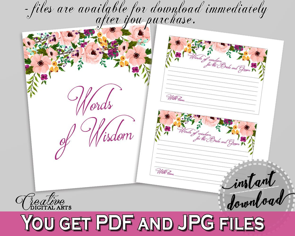 Watercolor Flowers Bridal Shower Words Of Wisdom For The Bride And Groom in White And Pink, advice cards, prints, digital print - 9GOY4 - Digital Product