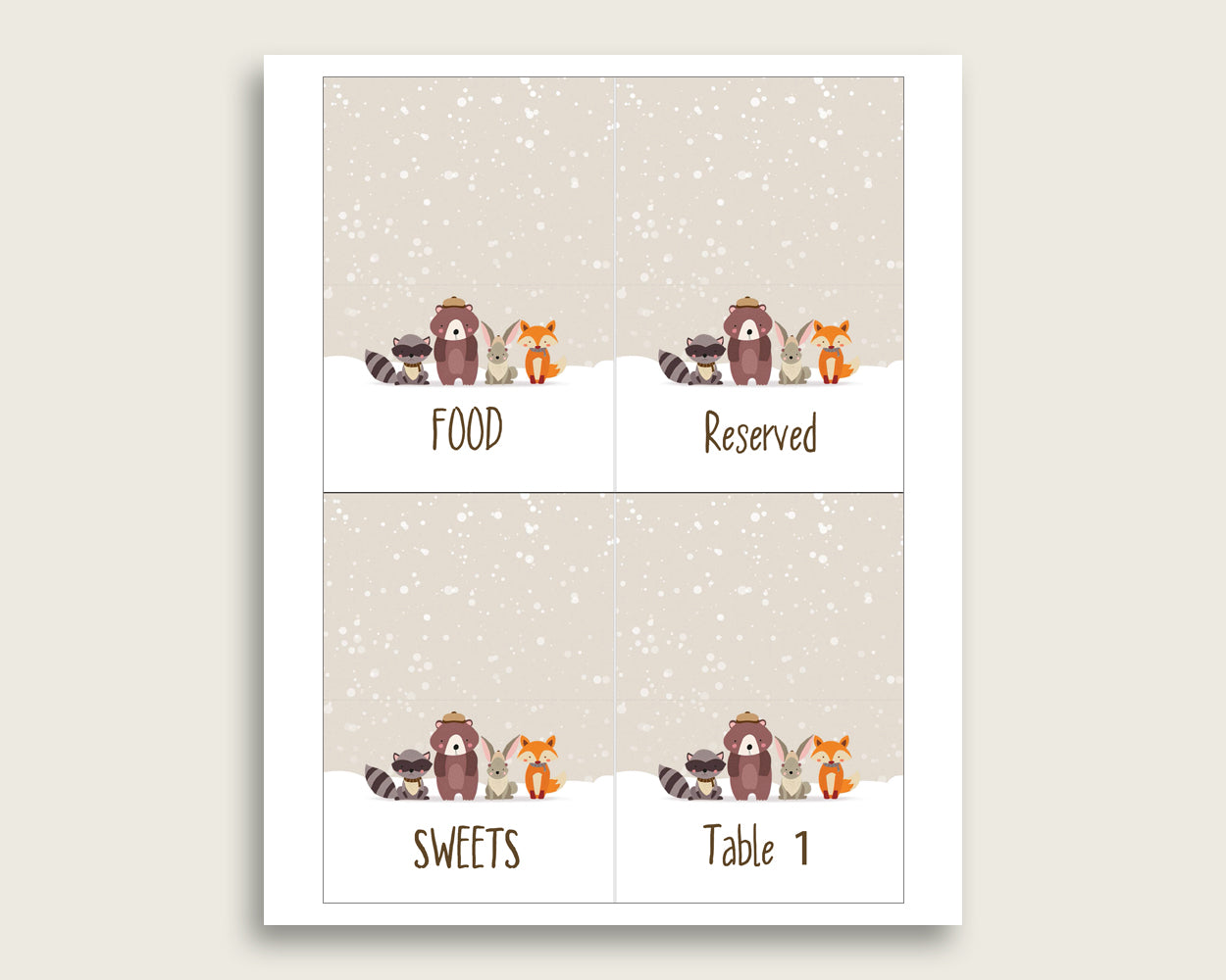 Winter Woodland Folded Food Tent Cards Printable, Beige Brown Editable Pdf Buffet Labels, Gender Neutral Baby Shower Food Place Cards RM4SN