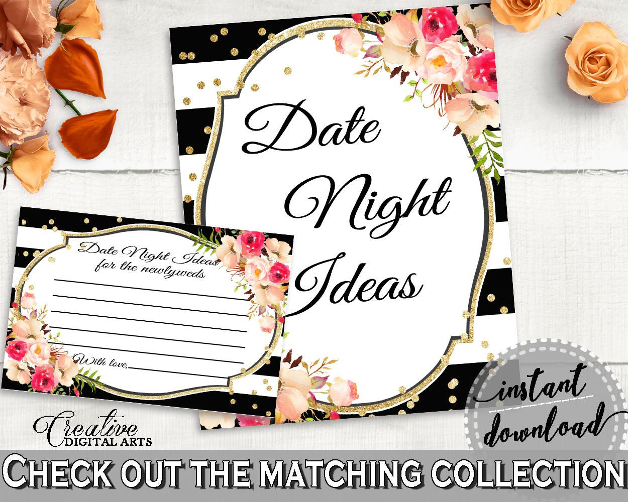 Date Night Ideas in Flower Bouquet Black Stripes Bridal Shower Black And Gold Theme, hens night, black strips, party plan, prints - QMK20 - Digital Product