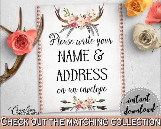 Write Your Name And Address Sign in Antlers Flowers Bohemian Bridal Shower Gray and Pink Theme, lettermate, party planning, prints - MVR4R - Digital Product