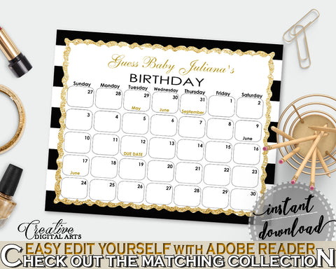 Baby Shower BIRTHDAY PREDICTION due date calendar editable with black white color stripes theme printable glitter, instant download - bs001