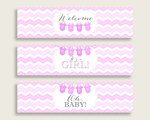 Pink White Water Bottle Labels Printable, Chevron Water Bottle Wraps, Chevron Baby Shower Girl Bottle Wrappers, Instant Download, cp001