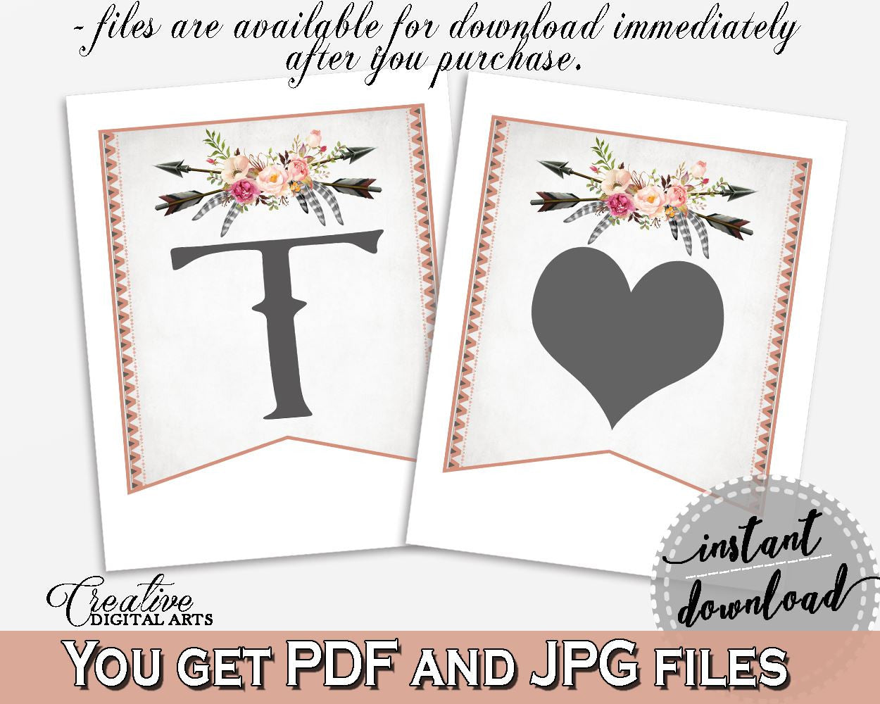 Gray and Pink Antlers Flowers Bohemian Bridal Shower Theme: Banner - garland banner, grey bridal shower, party stuff, party decor - MVR4R - Digital Product